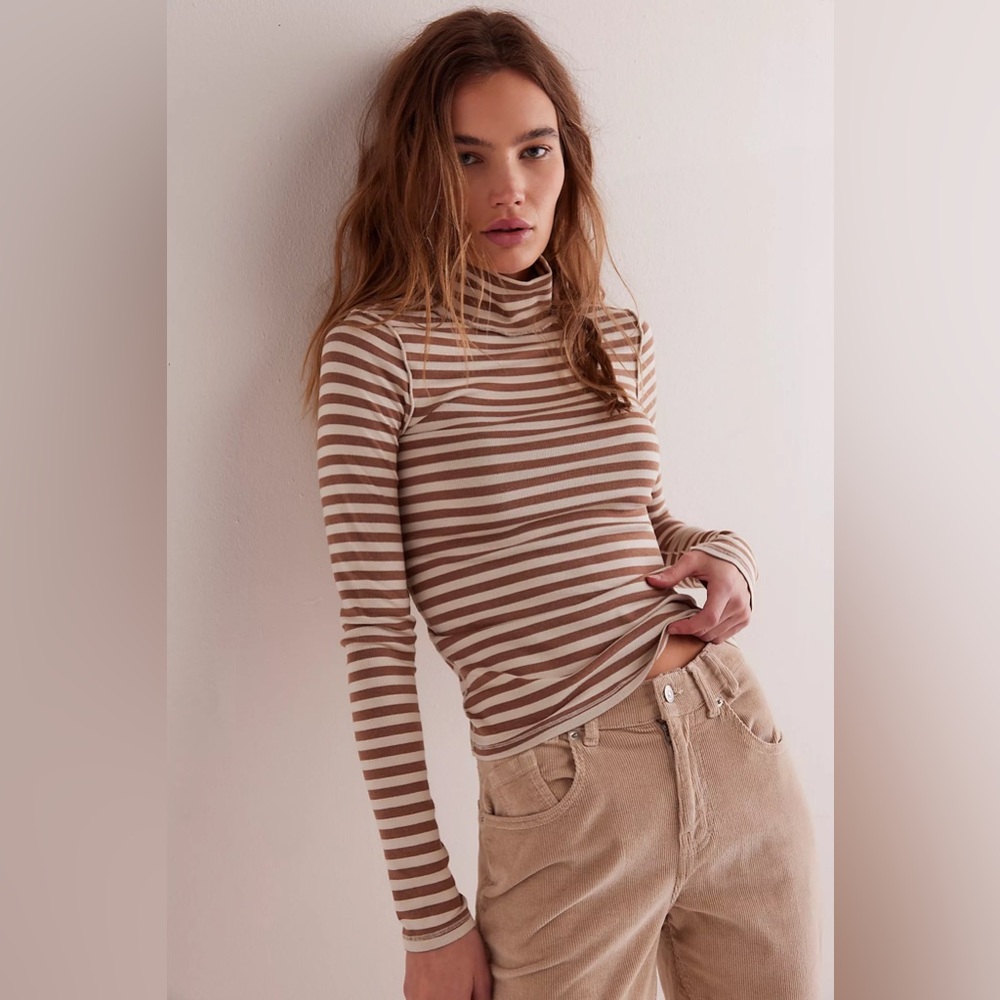 Free People We The Free Good Stripe Turtleneck Brown and White XS